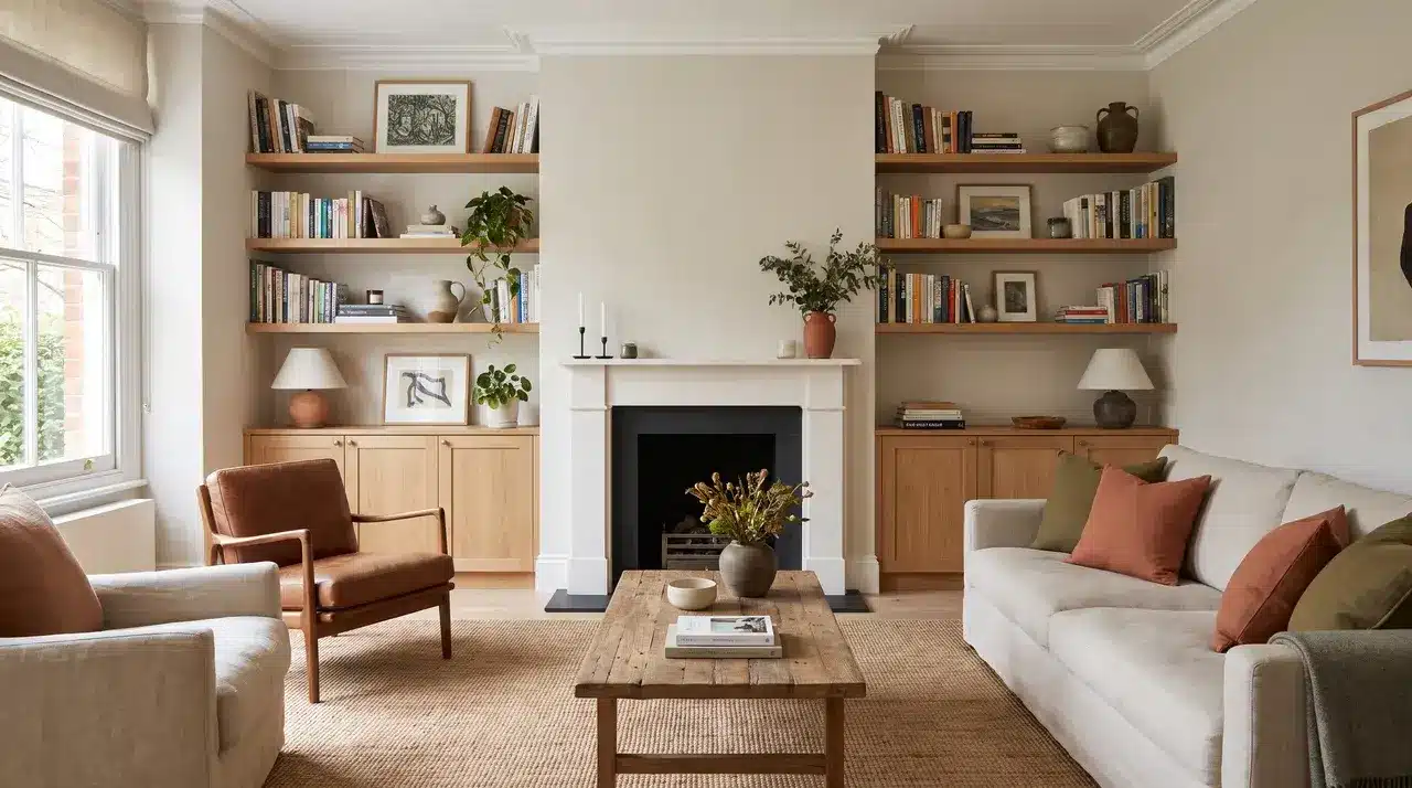 made to measure alcove cabinets fitted snugly into the recesses beside a fireplace for extra storage