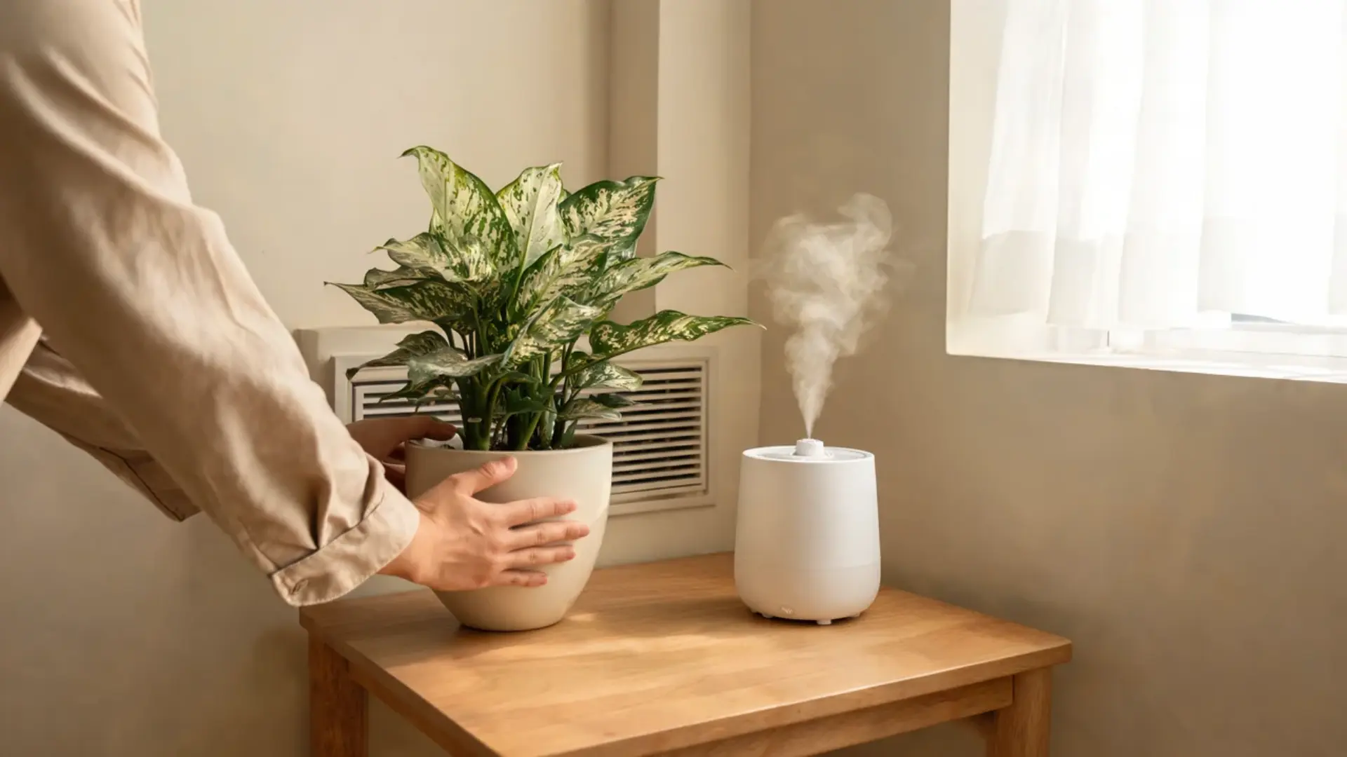 a leafy houseplant kept in a warm bright indoor spot to maintain moderate humidity around its leaves