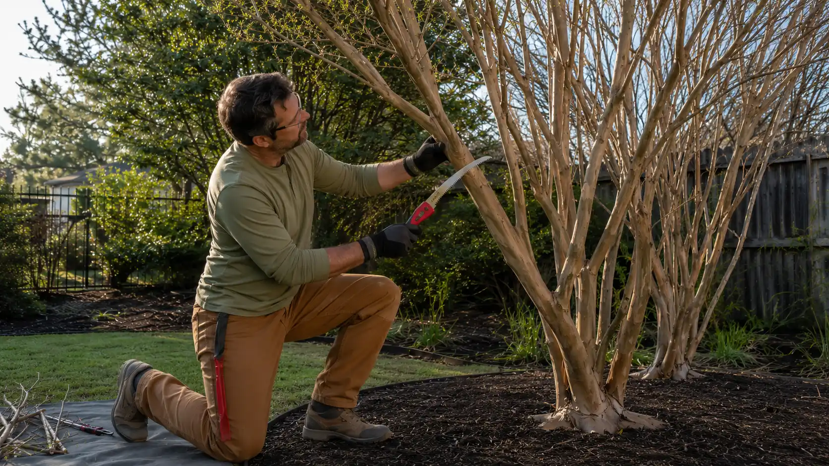 gardener uses a pruning saw outside the branch collar to make a clean, bark-safe cut on a mature tree