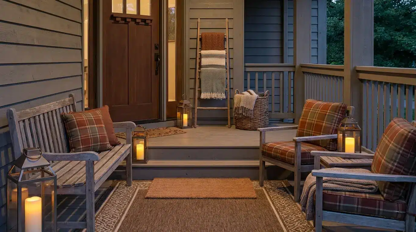 fall porch with plaid cushions blankets layered rugs and glowing lanterns