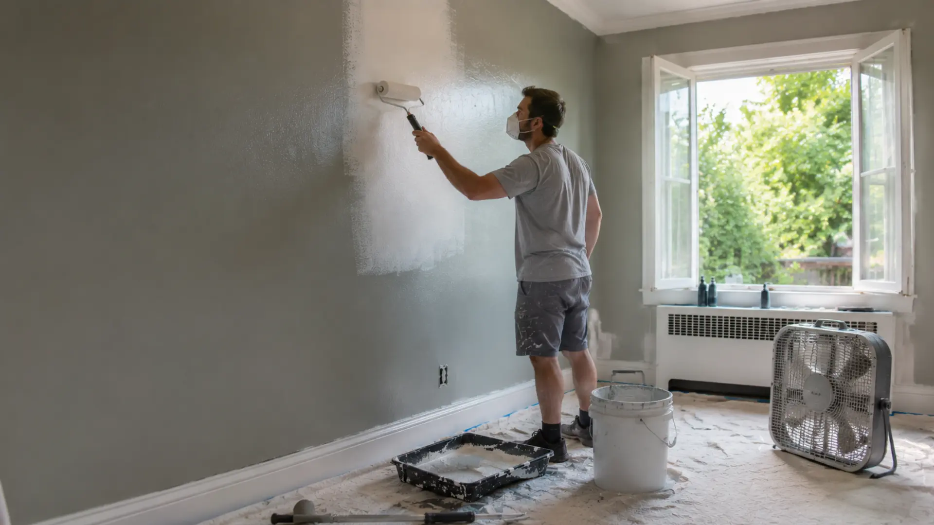 man wearing a mask while painting an indoor wall with fresh paint and ventilation airflow