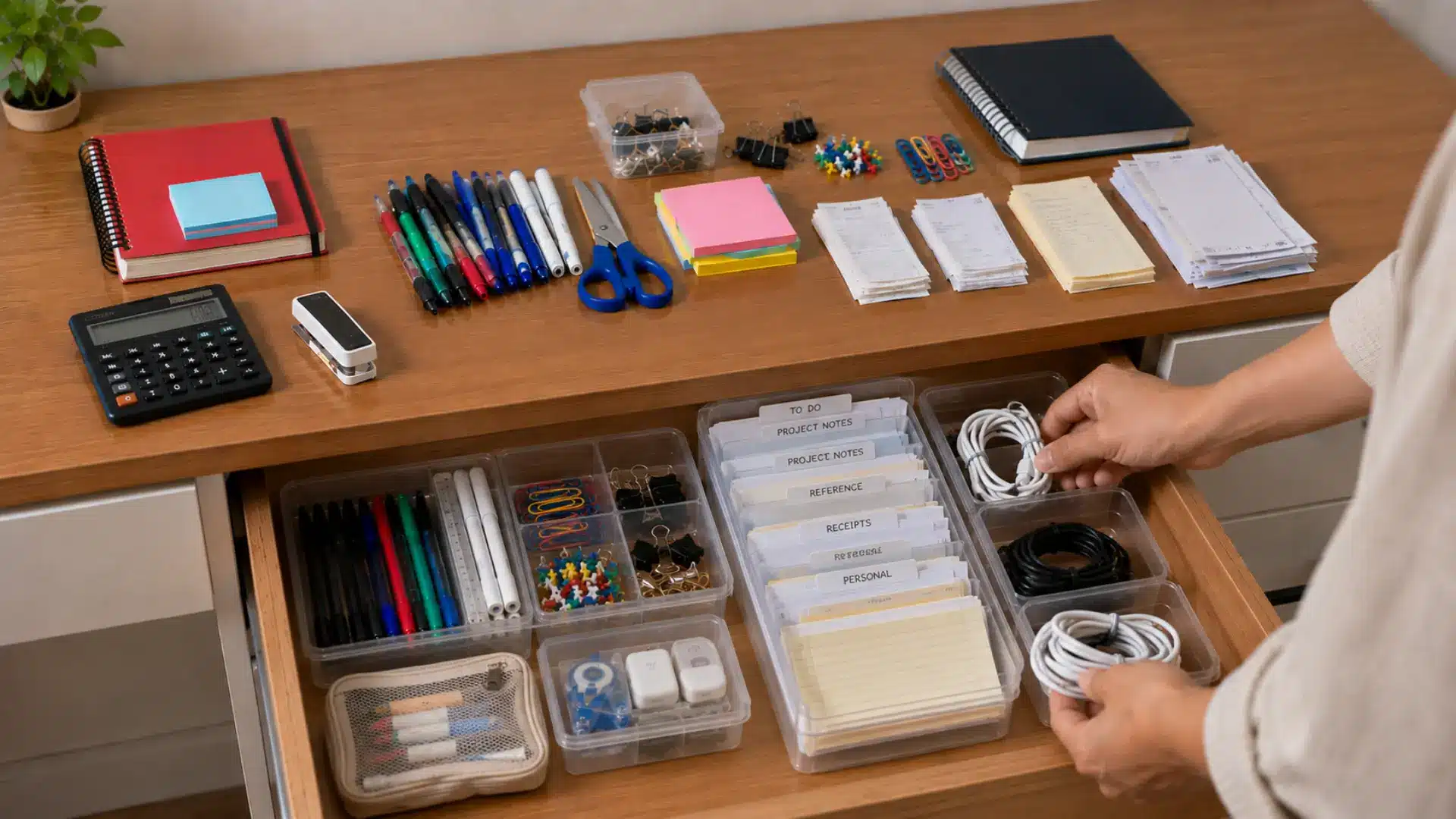 person storing clipped papers and coiled cables in separate trays inside the same wooden drawer