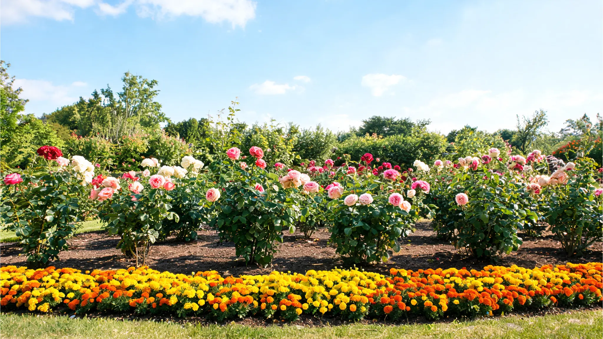 marigolds planted along the front of a rose bed