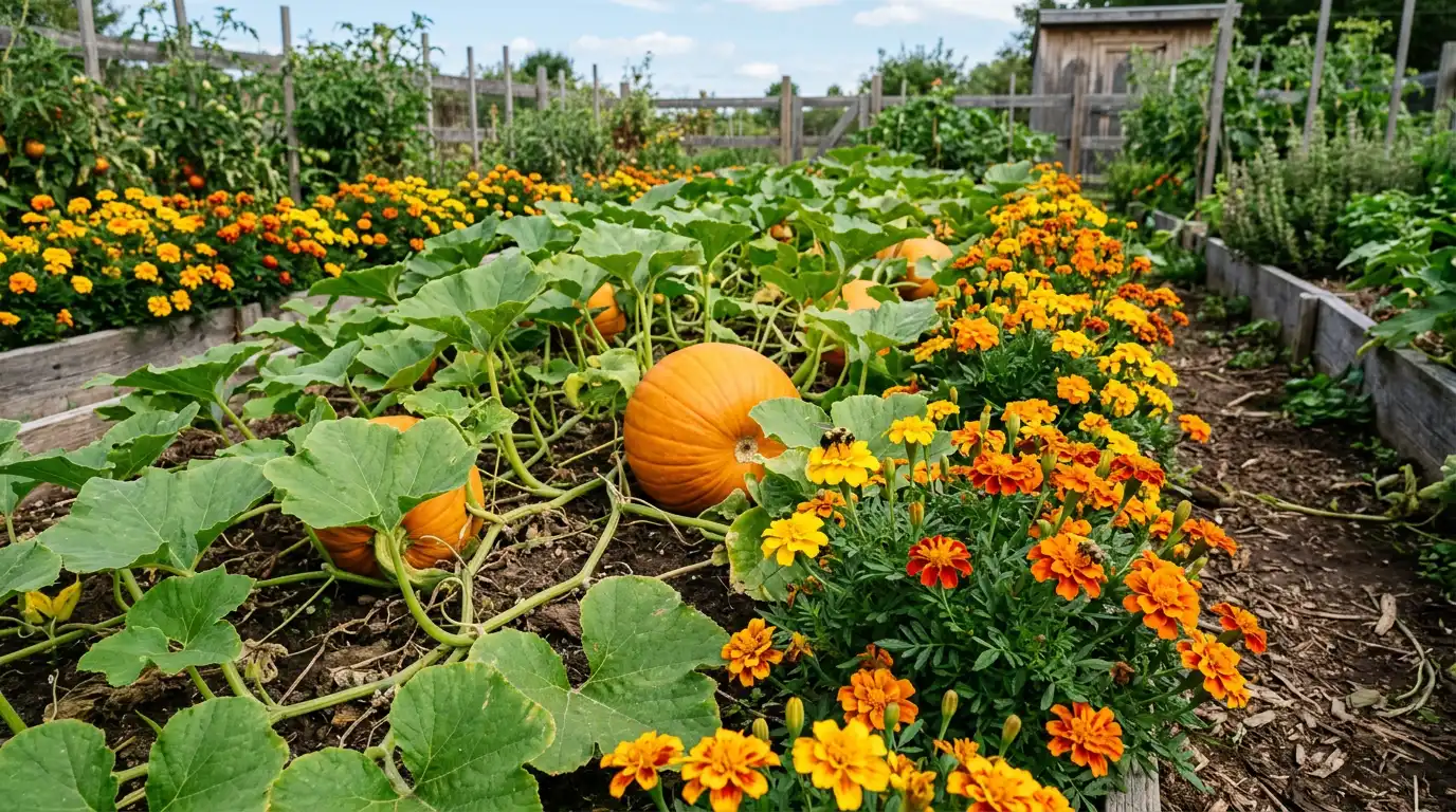pumpkin plants surrounded by bright marigold flowers in a healthy companion planting garden