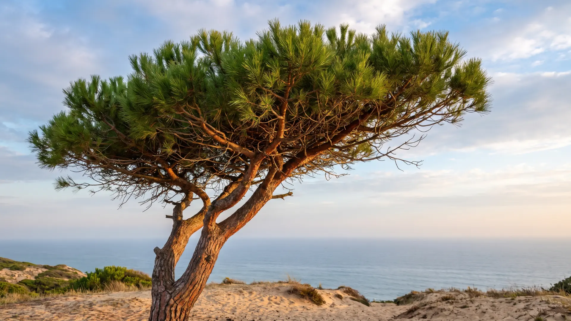 maritime pine with long yellow green needles thick red brown bark and a broad crown near coastal forests