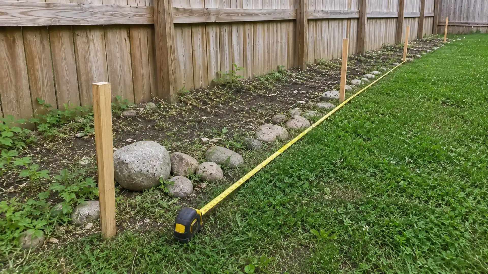 wooden stakes and tape measure marking post spacing along a garden fence perimeter