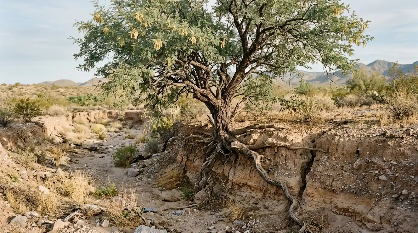 mature mesquite tree with exposed roots gripping an eroded desert wash above layered sandy soil