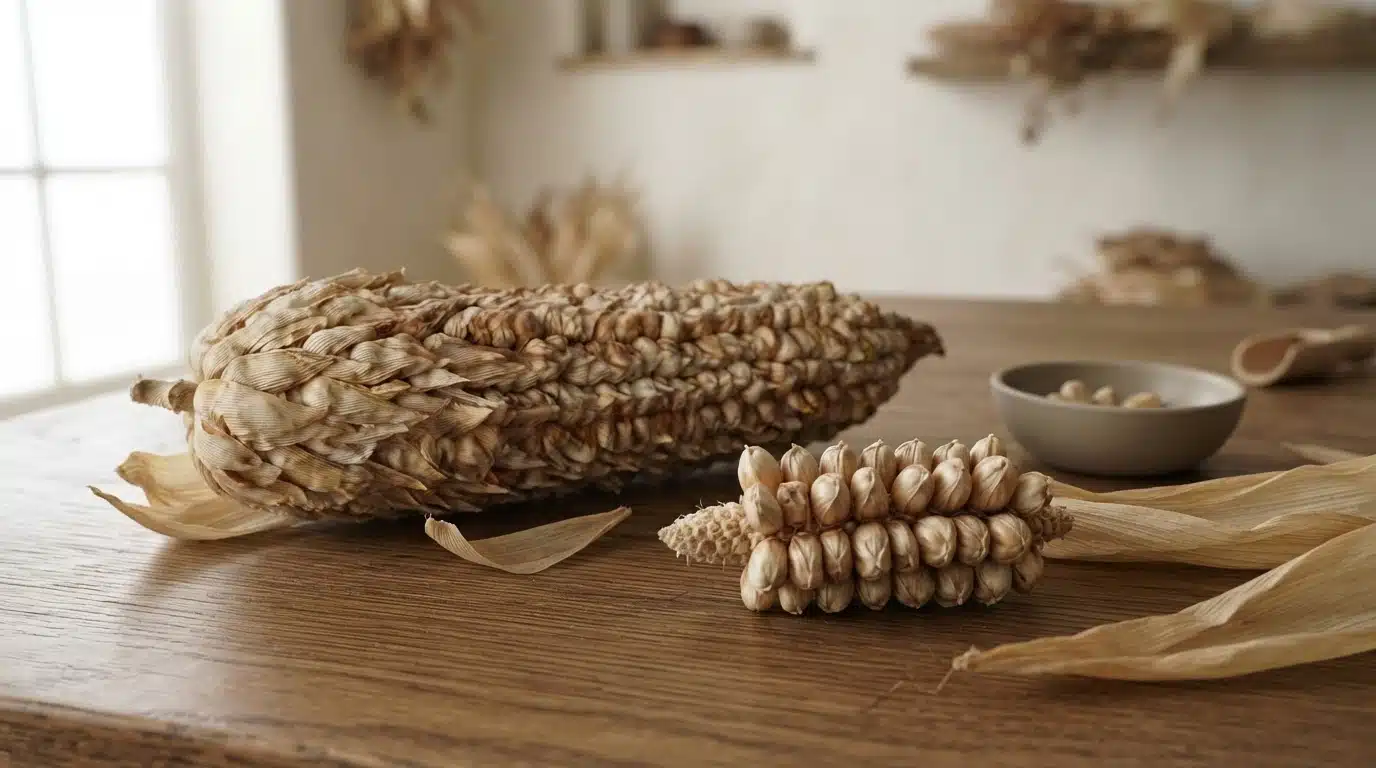 mature pod corn ears with each kernel wrapped in papery coverings beside dry husks on a wooden table