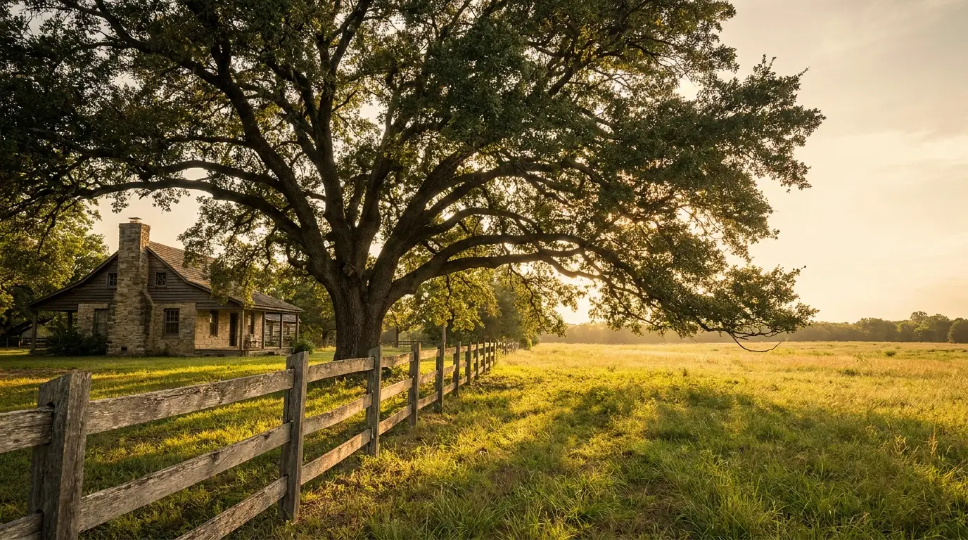 Rustic stone cottage under large oak tree in sunlit countryside field