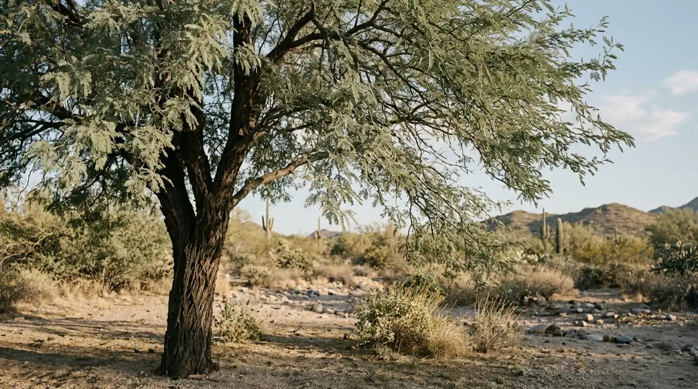 mature velvet mesquite with gray green foliage and a broad shaded crown in a sonoran desert landscape