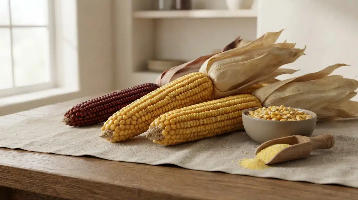 mature yellow dent corn ears with dry husks loose kernels and ground cornmeal on a rustic wooden table