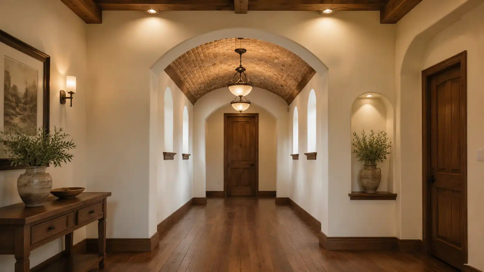 mediterranean hallway with barrel vault ceiling brick details warm lighting and wooden accents throughout the space