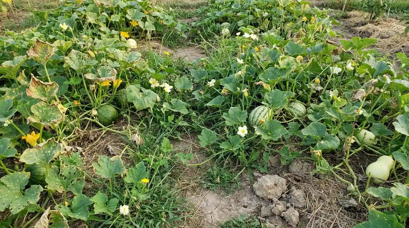 pumpkin, melon, and squash vines crowd together across a dry garden bed with overlapping leaves
