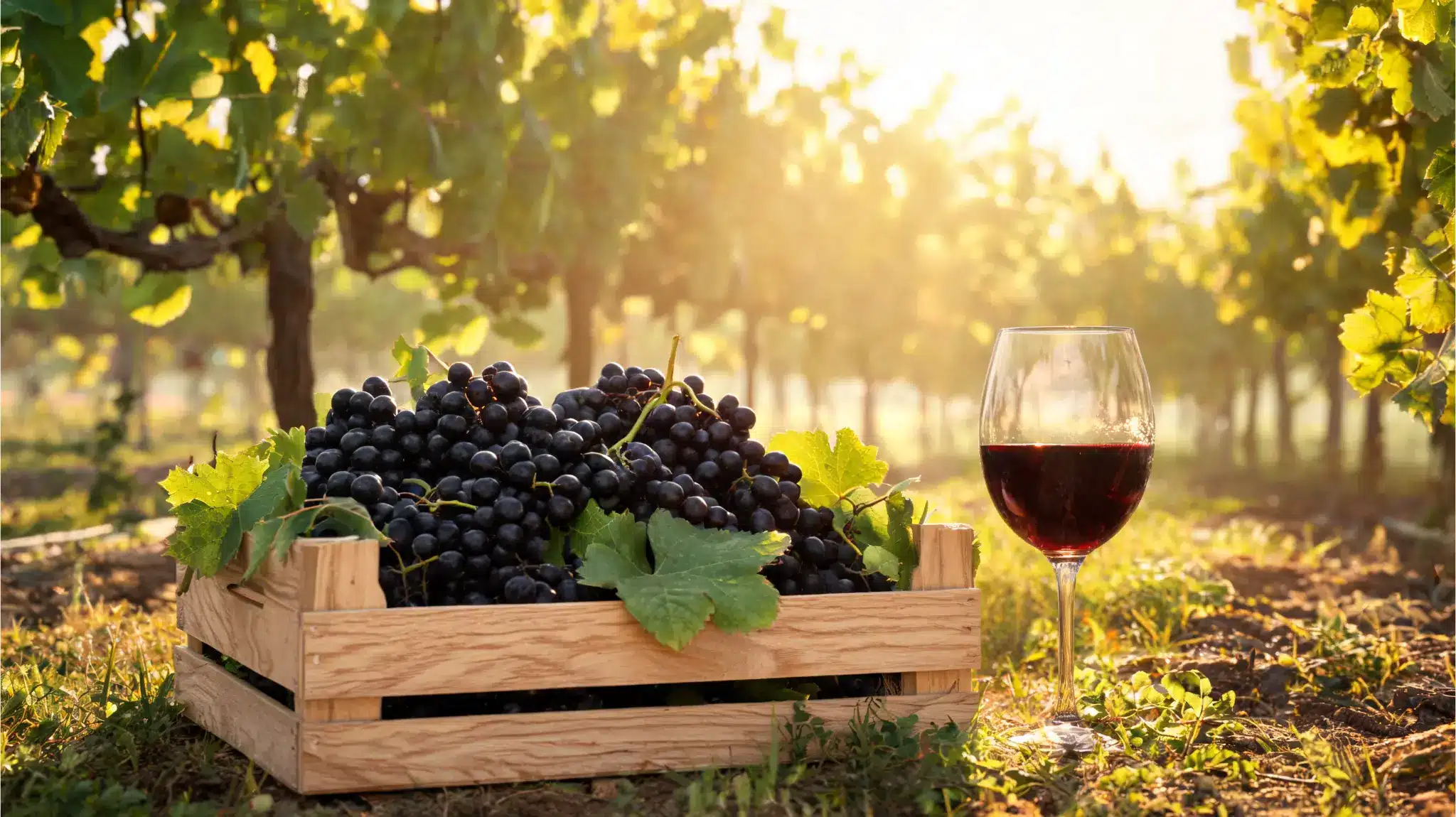 merlot grapes in a harvest crate with red wine