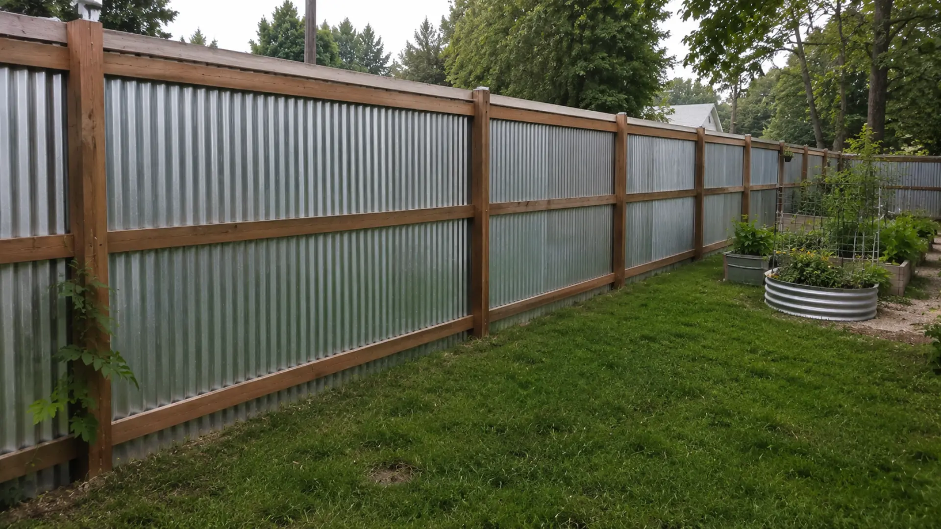 corrugated metal sheet fence with wood post frame along a backyard lawn