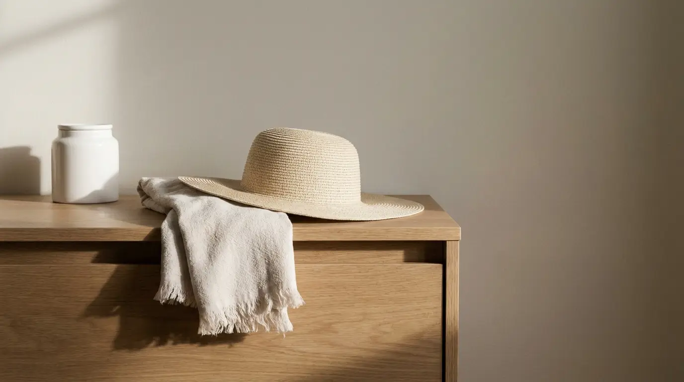 Straw hat and white blanket on wooden surface in bright minimalist setting