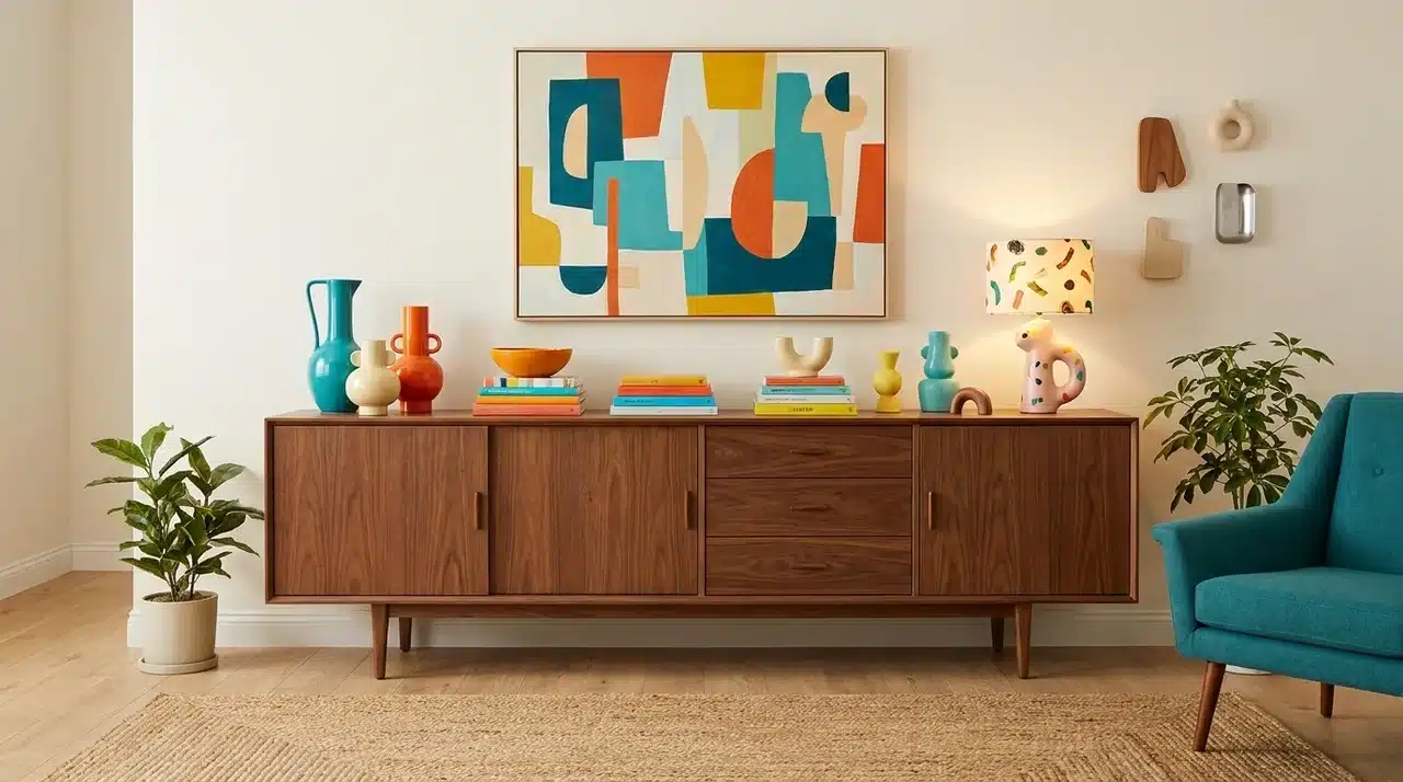 mid century cabinet with colorful decor in a warm eclectic room