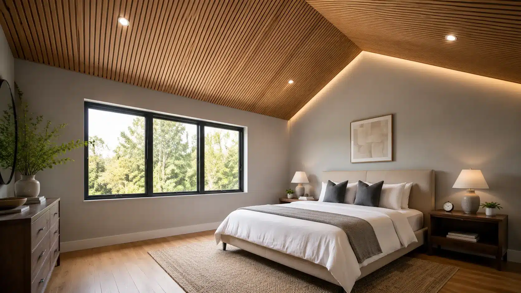 minimal bedroom with sloped wooden ceiling panels large windows and neutral furnishings creating a cozy interior