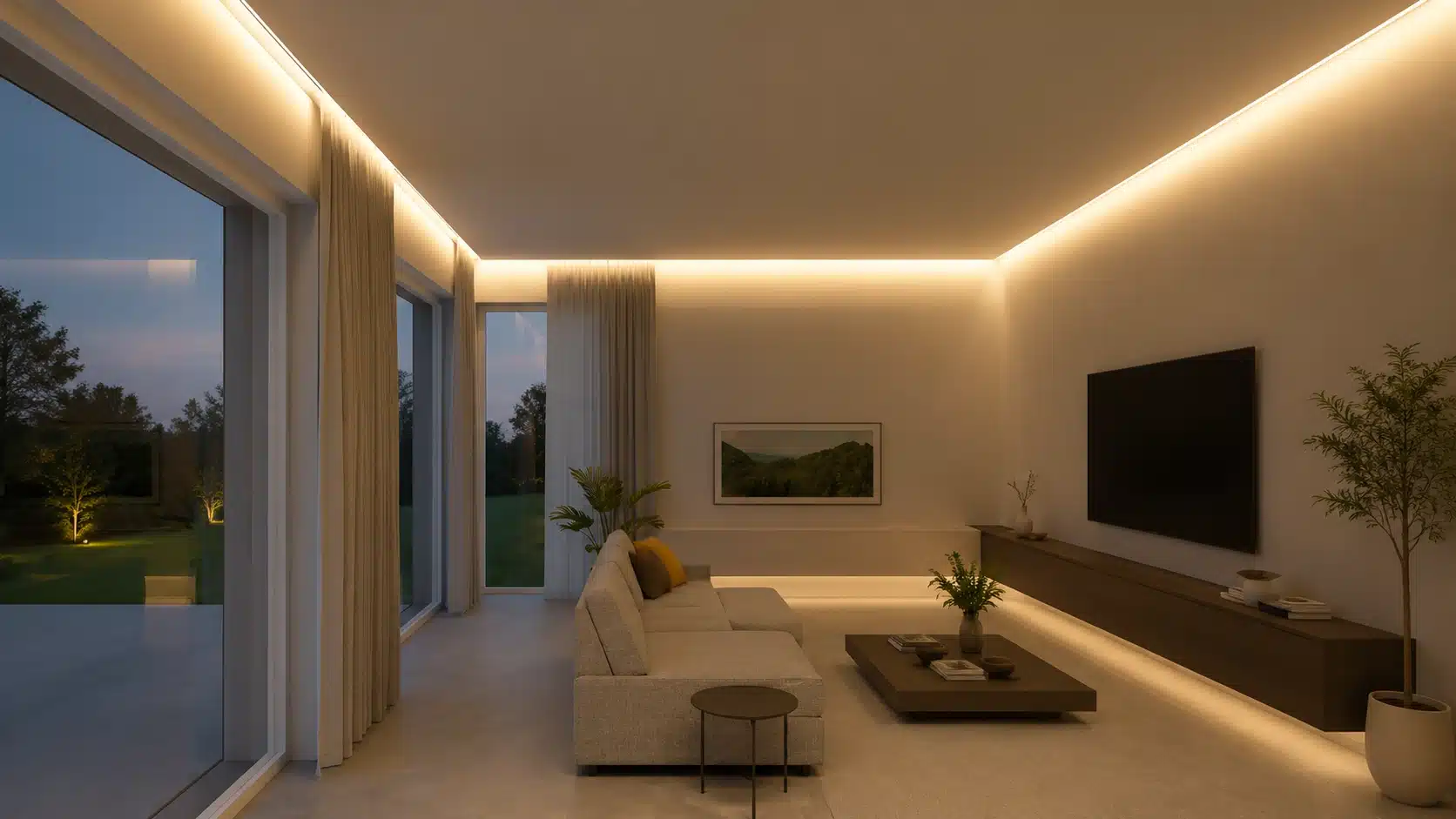 minimalist living room with recessed curtain pelmet lighting and warm ceiling led glow