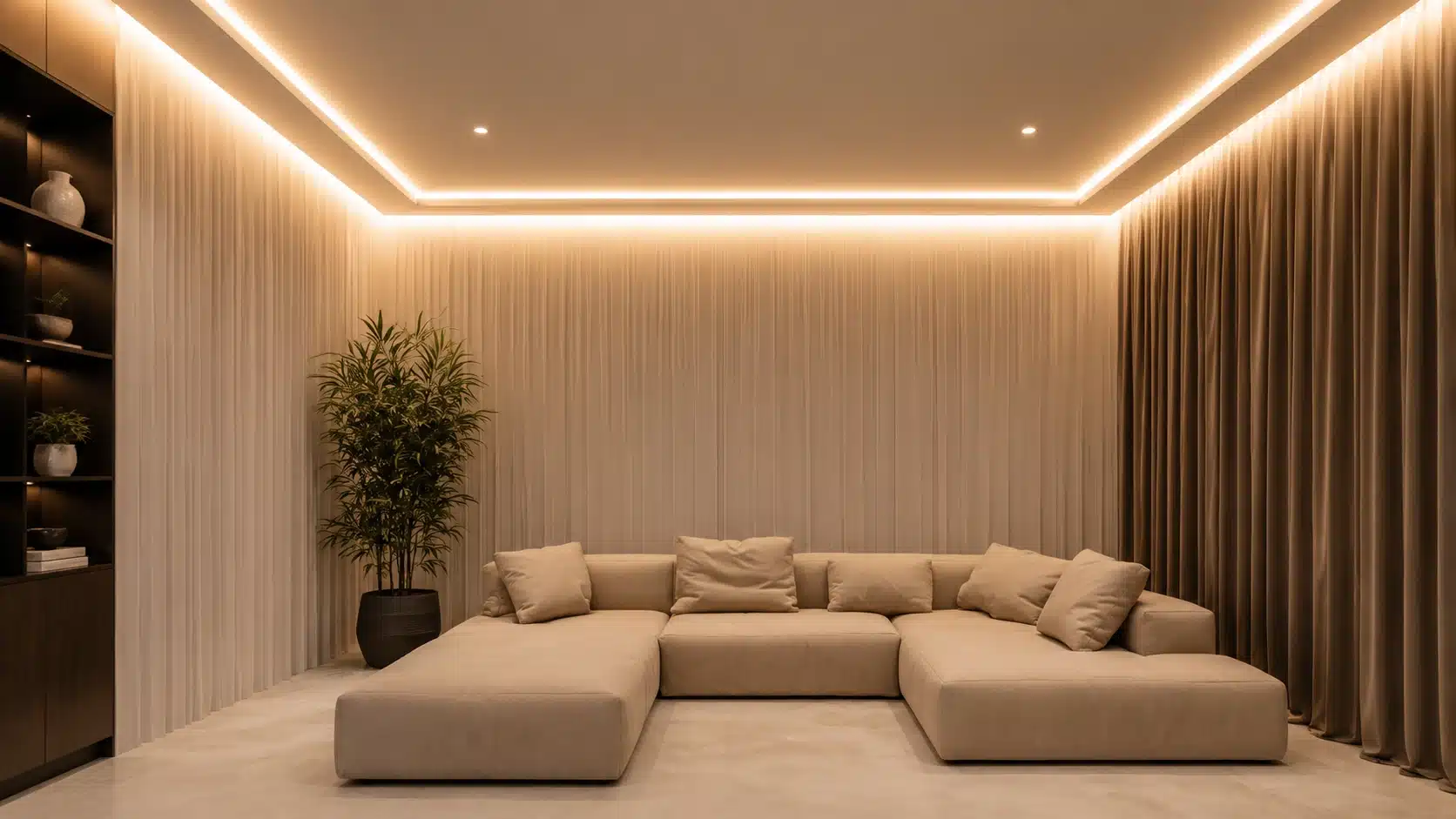 minimalist living room with warm cove lighting ceiling design beige sectional sofa and textured wall panels