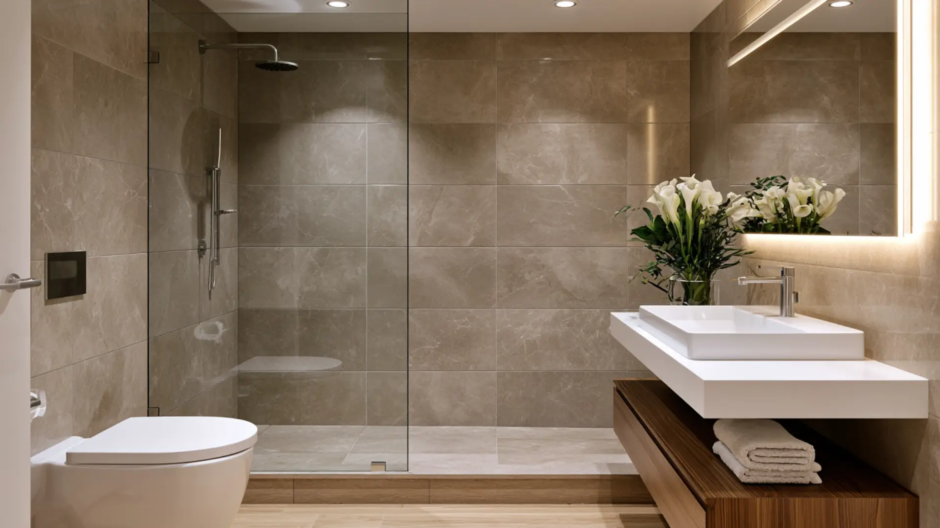 minimalist bathroom shower conversion with clean lines and hidden storage