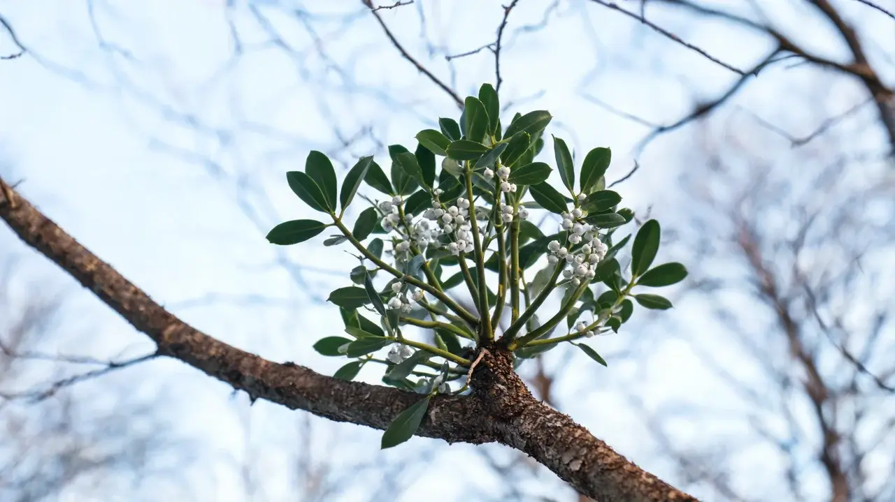 mistletoe with paired green leaves and white berries growing naturally on a bare tree branch in winter
