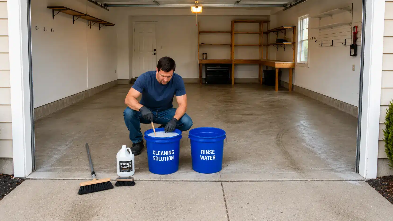 man mixing cleaning solution beside rinse water, a broom, and supplies in a garage