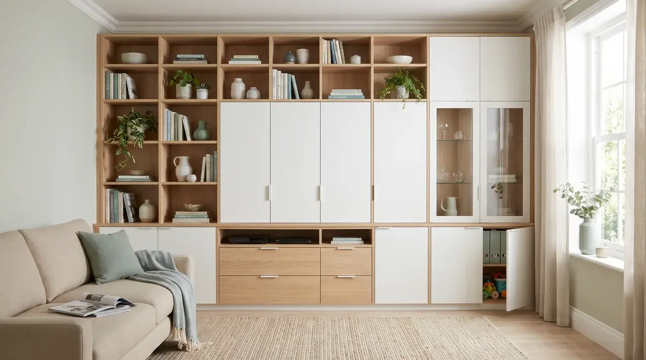 a living room unit combining mixed open shelving and closed cabinet storage for books and items