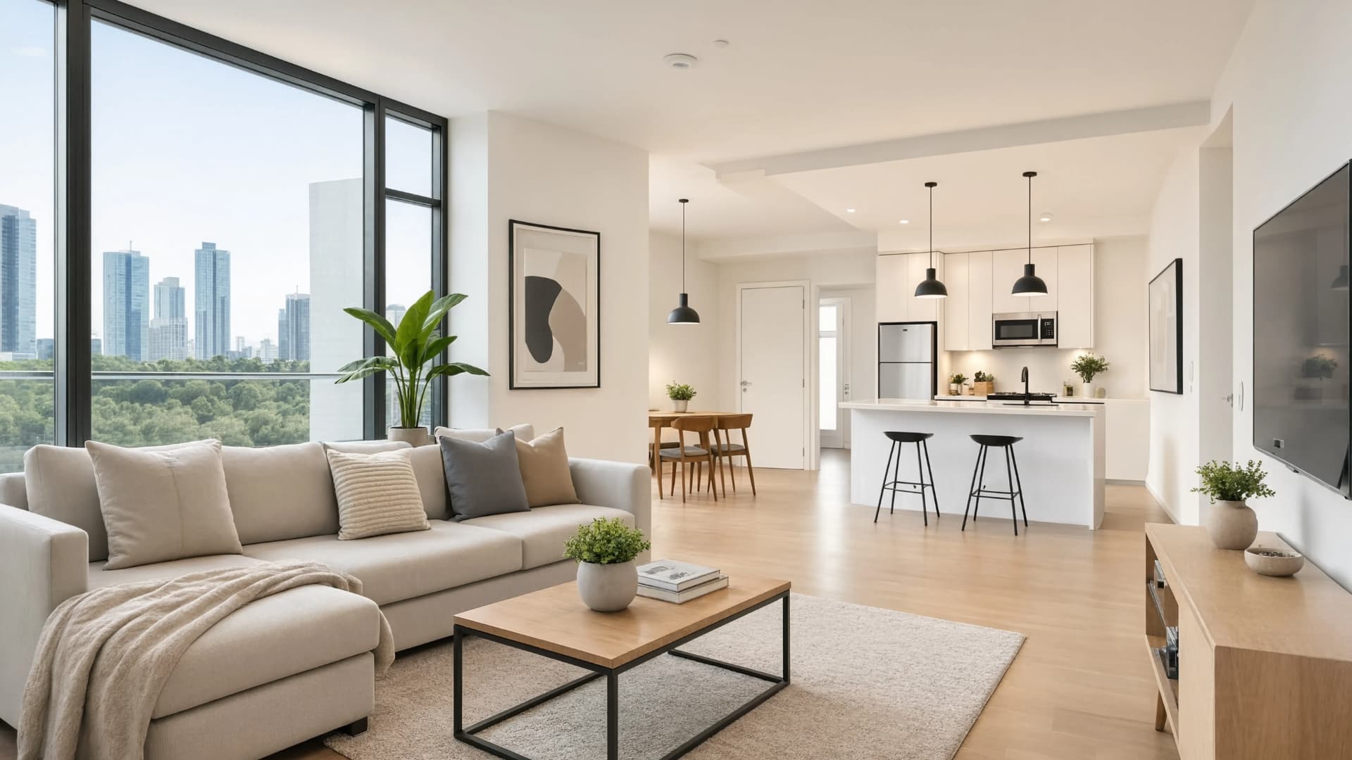 modern apartment interior with clean lines, neutral tones and functional open layout design