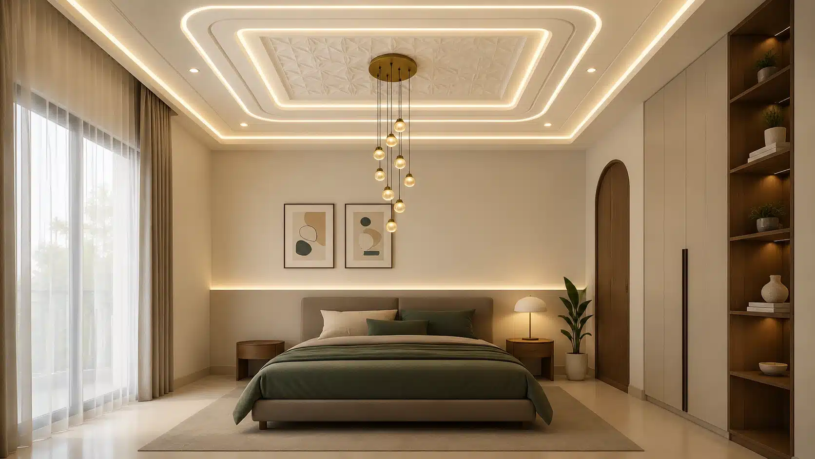 modern bedroom with pop ceiling design layered led lighting and pendant chandelier above a minimal bed setup