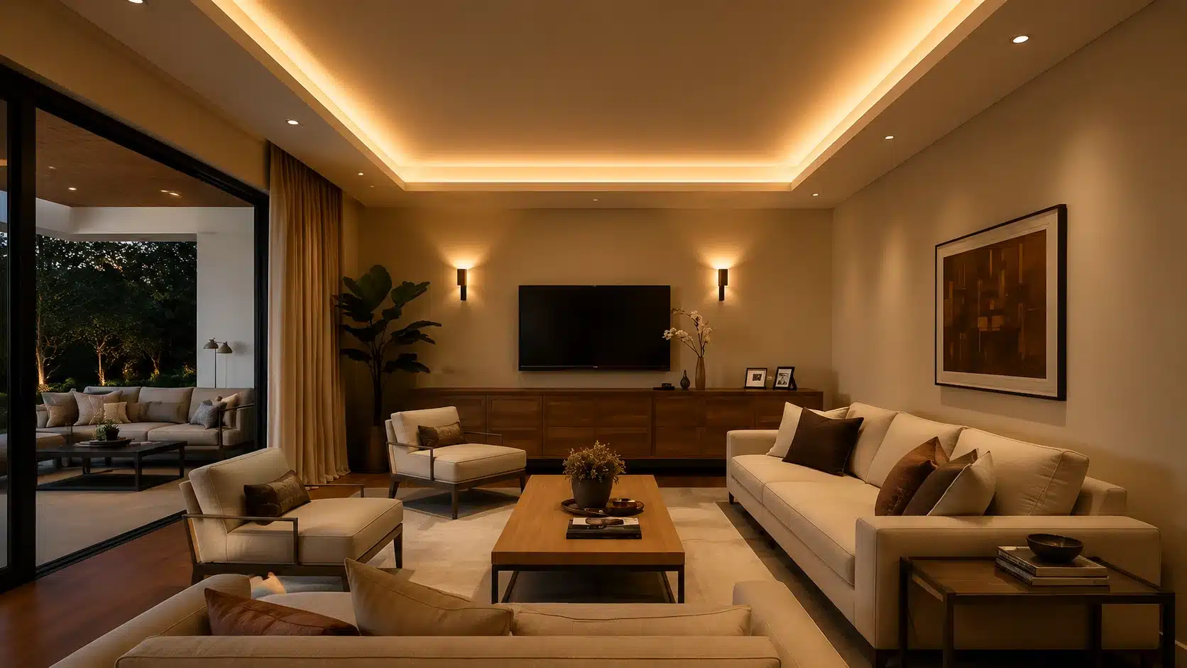 modern living room featuring a recessed cove lighting ceiling with warm ambient illumination