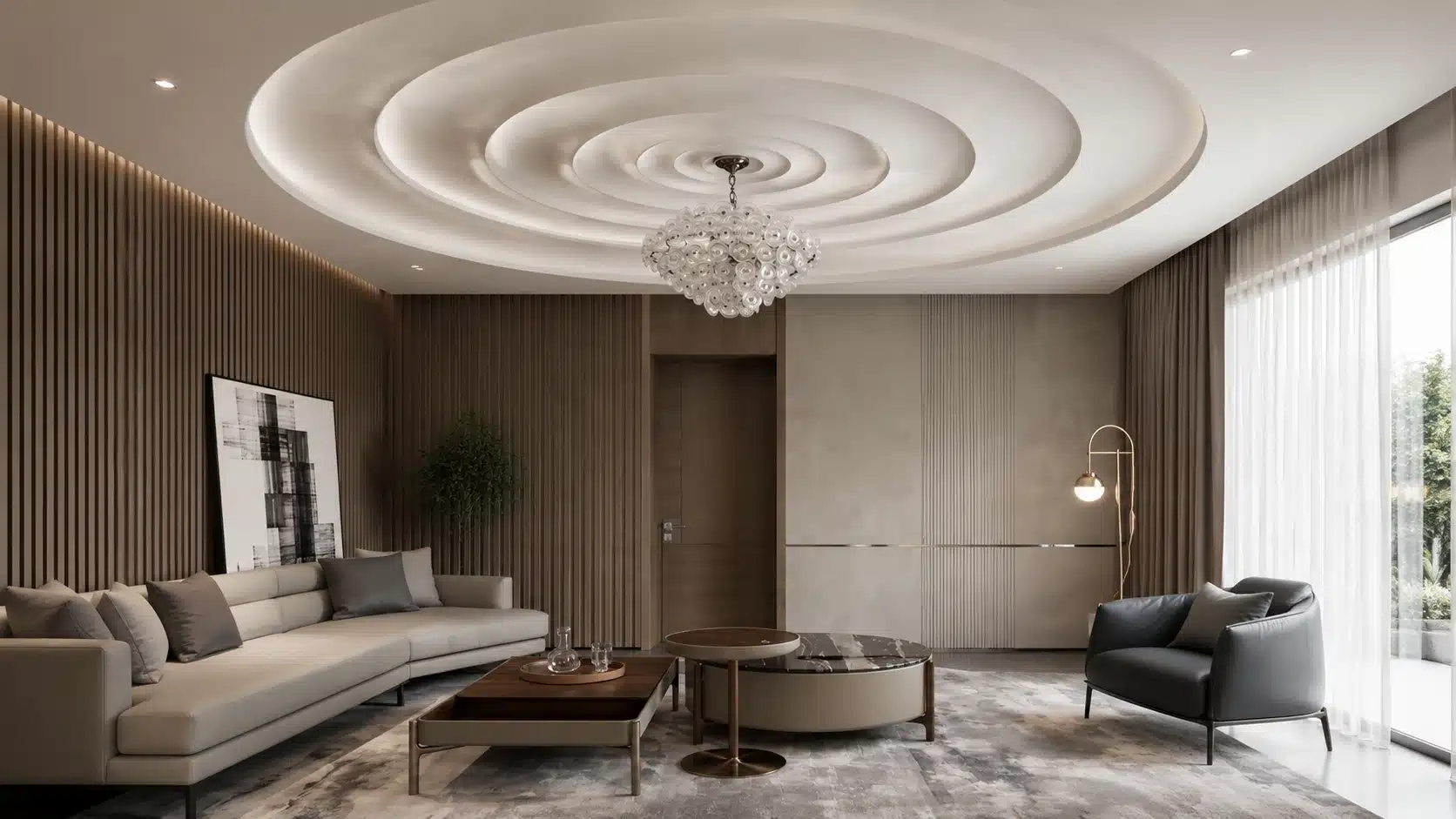 modern living room with circular recessed ceiling design chandelier and neutral furniture with elegant interior details
