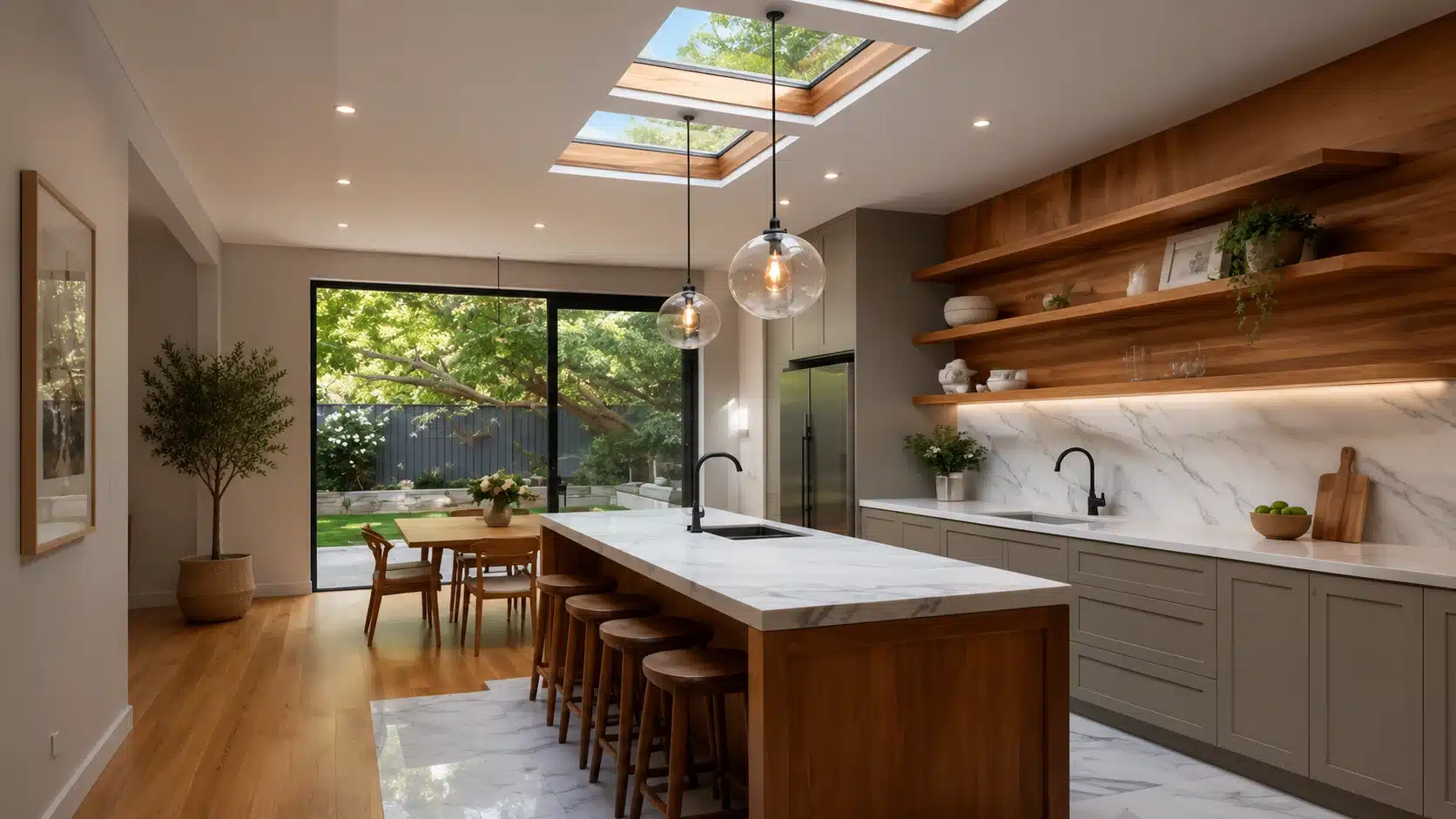 modern living room with curved cove ceiling lighting dark wood panels and cozy seating overlooking city skyline