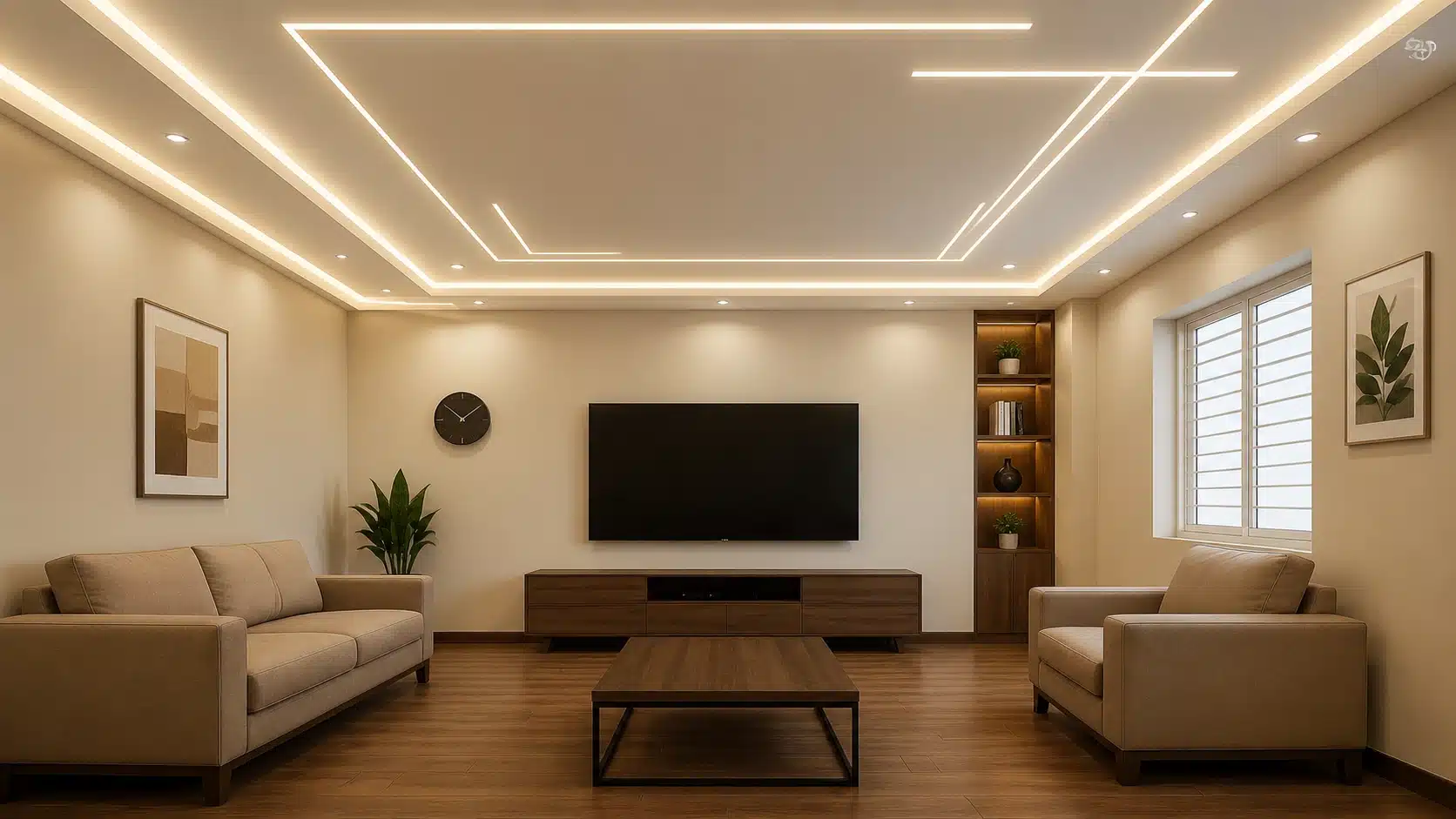 modern living room with geometric led ceiling lighting and neutral furniture creating a clean contemporary interior design