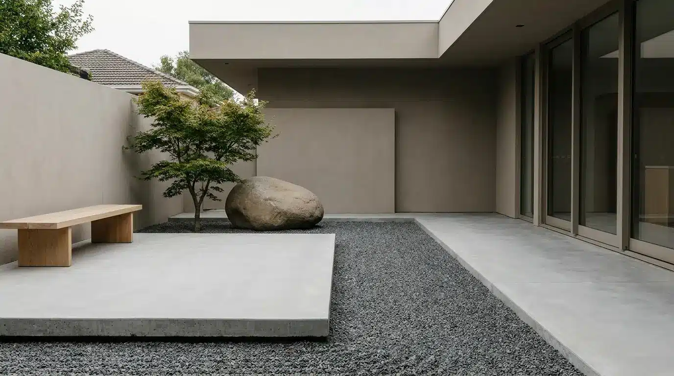 modern minimal zen garden ideas with clean gravel, one boulder, open space, and calm backyard lines