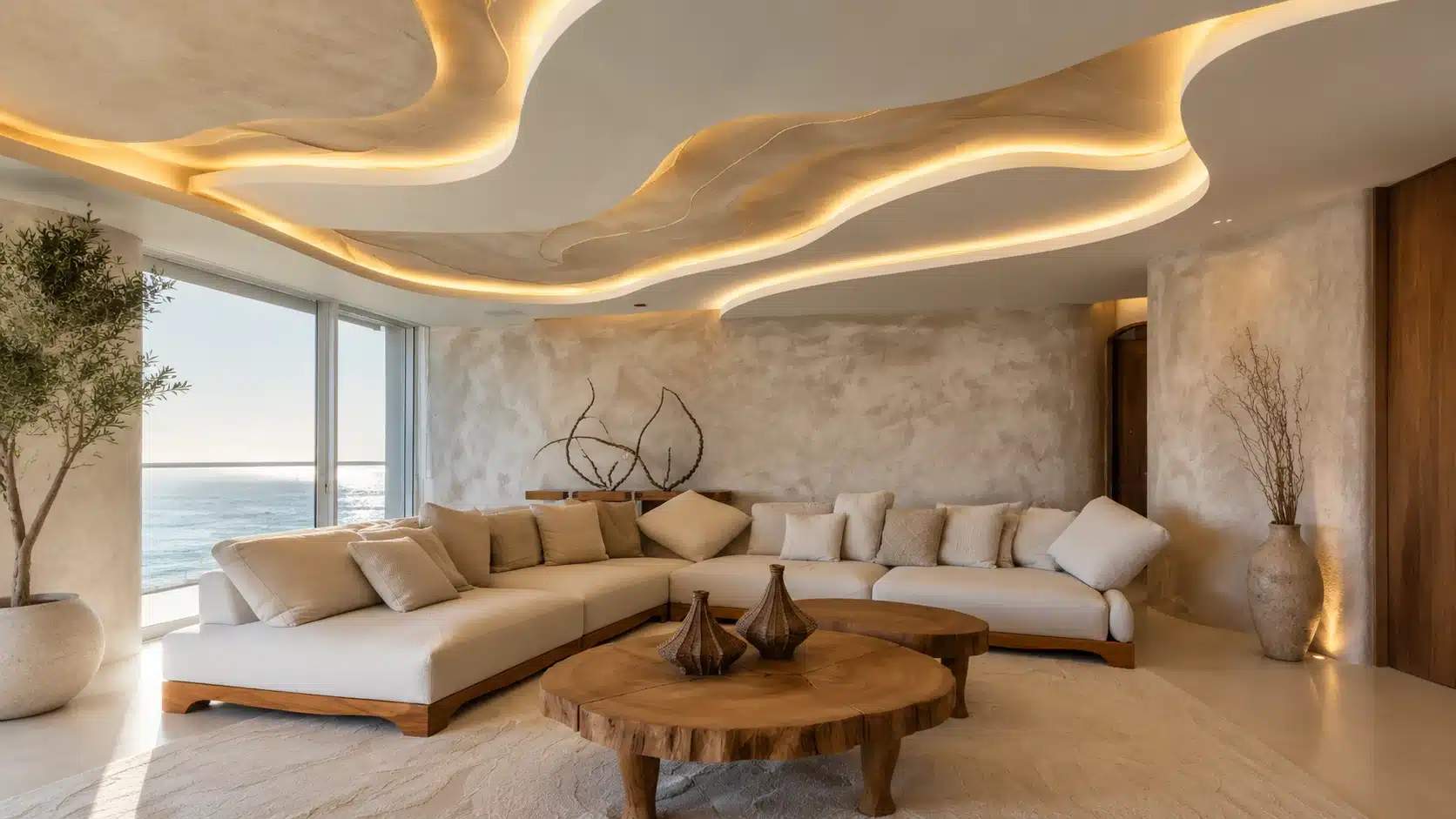 modern minimalist living room with organic curved ceiling design and warm led strip lighting
