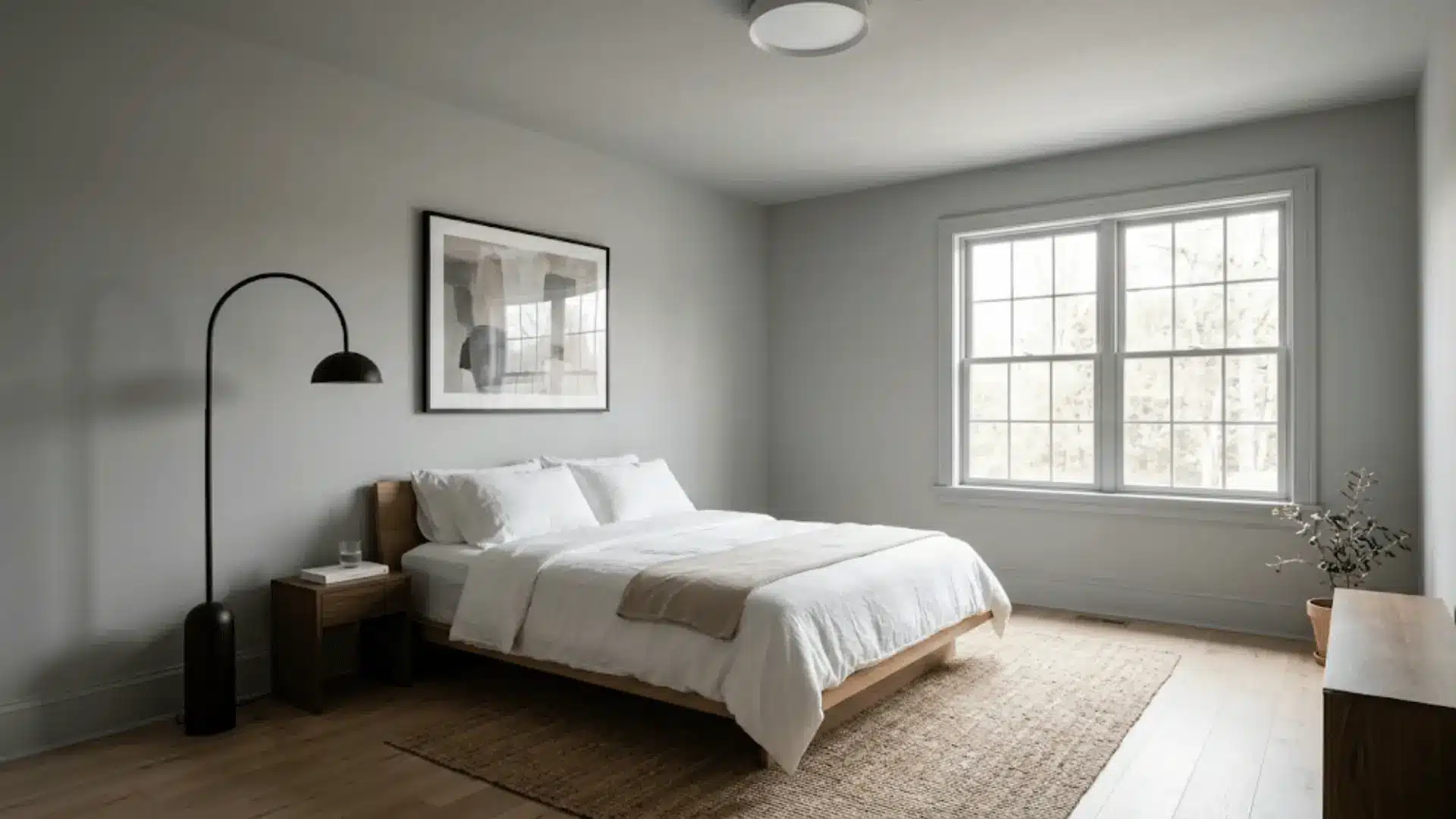 modern minimalist bedroom color drenched in soft muted gray with clean lines