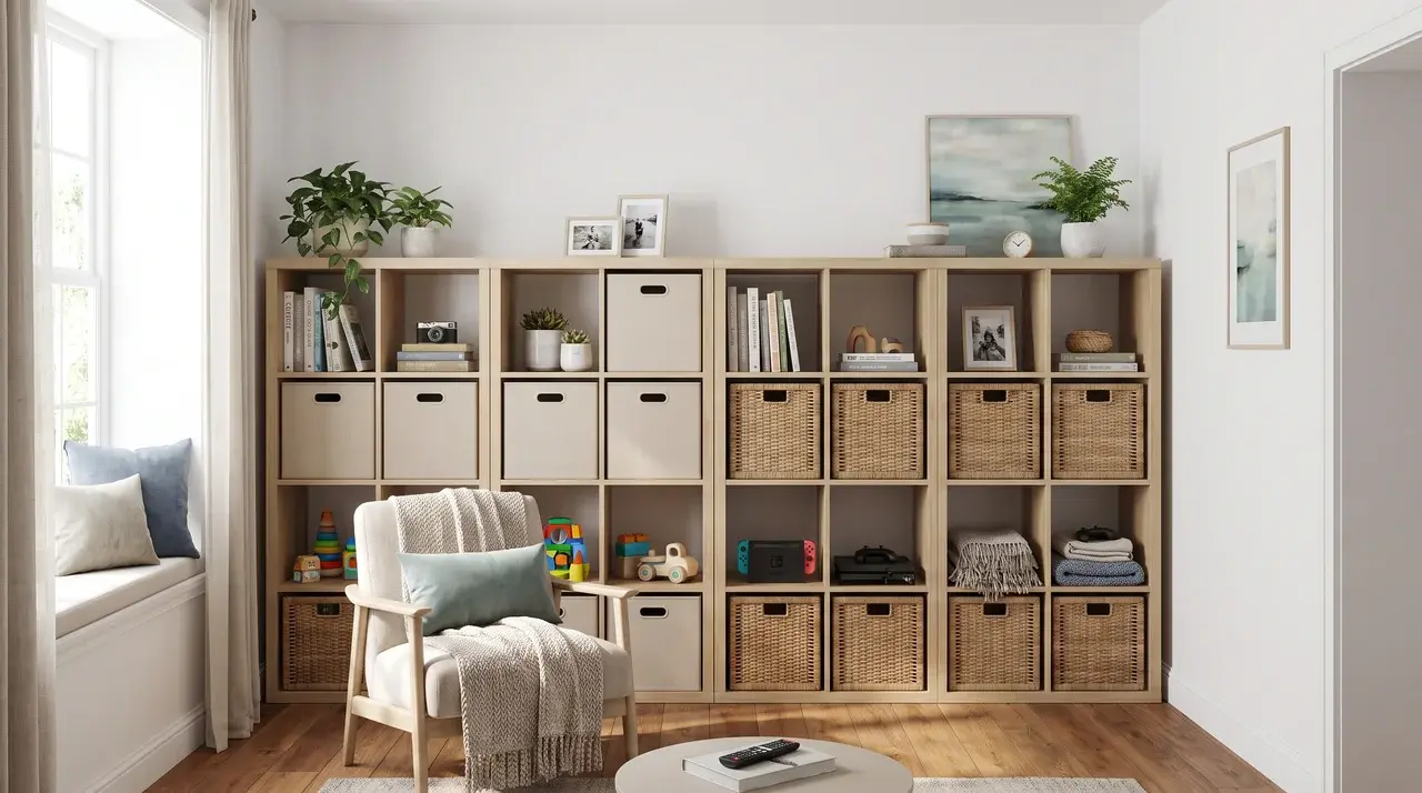 a modular cube storage unit made up of stacked square compartments holding books and baskets