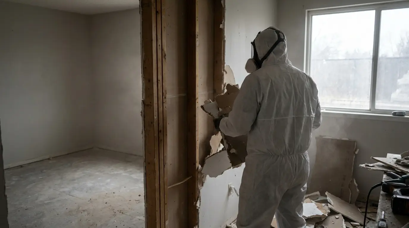 Worker in protective gear removing drywall in partially demolished room indoors