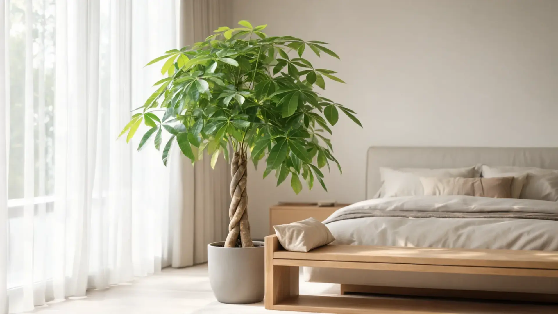 money tree with a braided trunk and green canopy in a floor pot beside a wooden bench in a bright bedroom