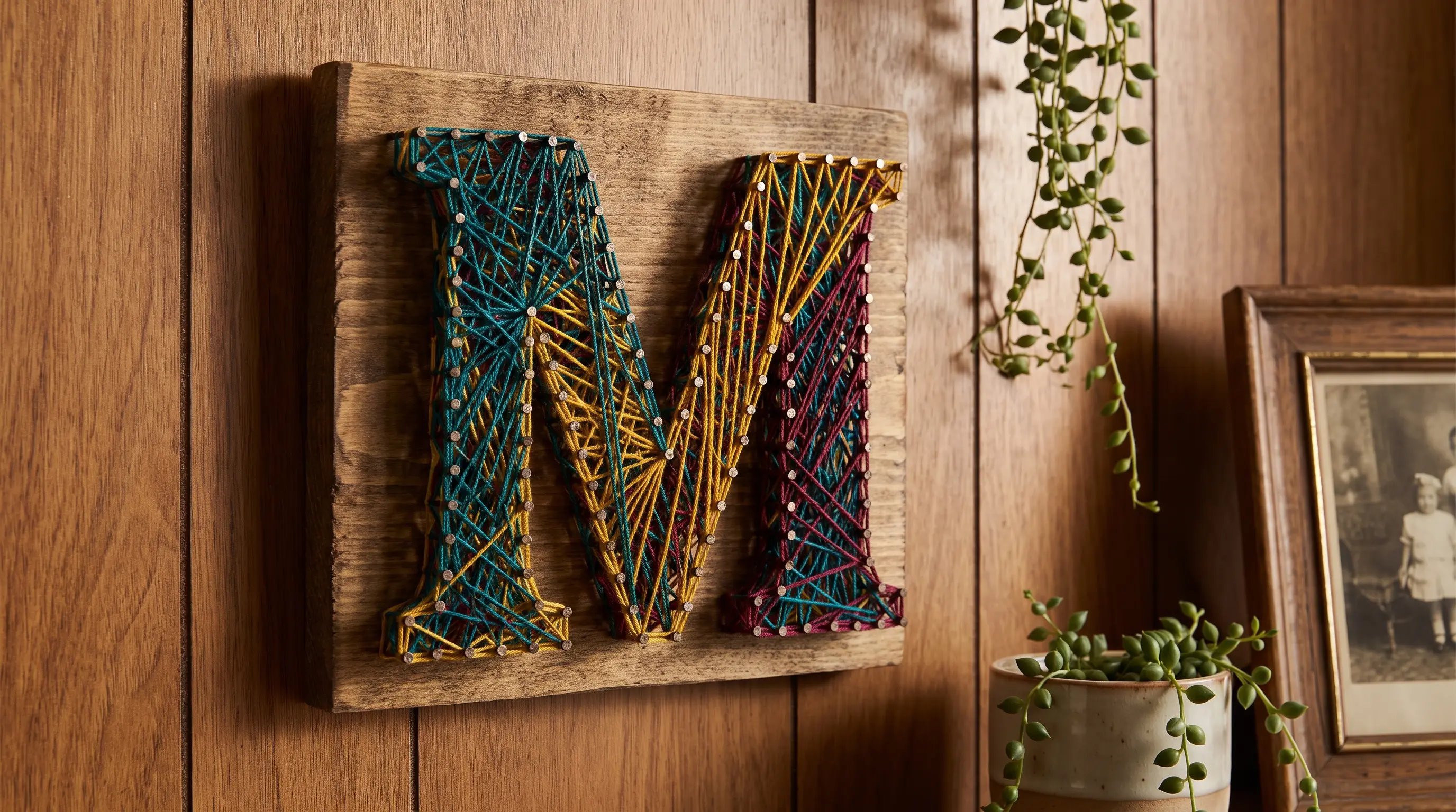 string wrapped around a traced letter outline to form a piece of personalized wall art design