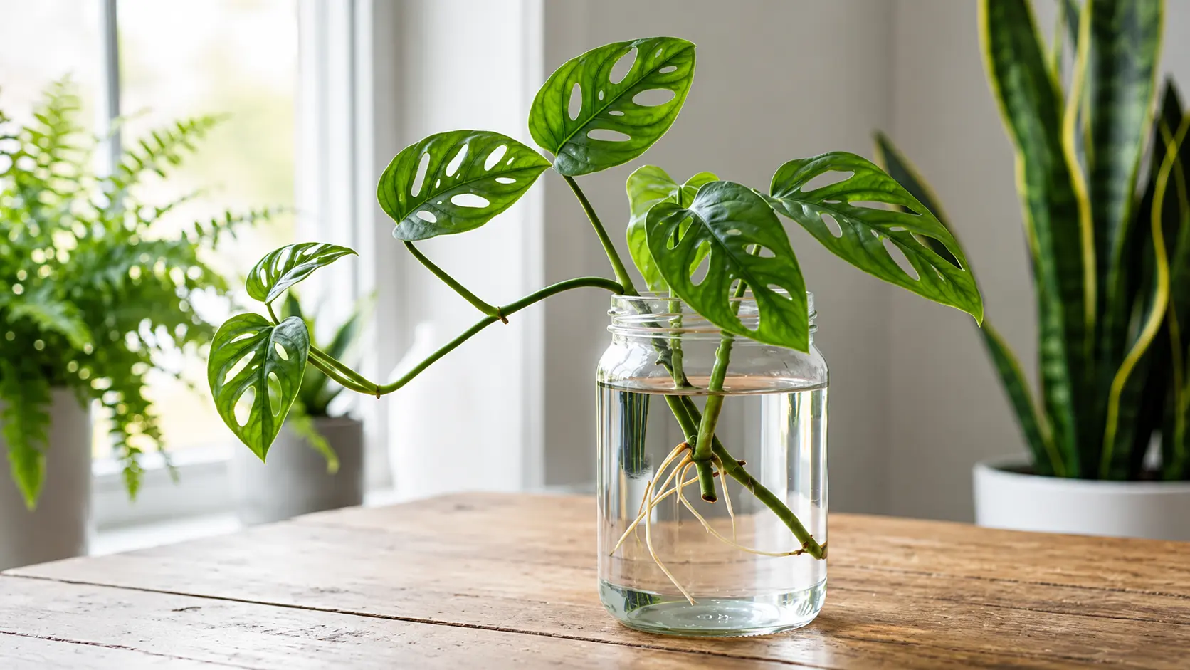 monstera adansonii cuttings growing in a clear glass jar of water on a wooden table near a bright window