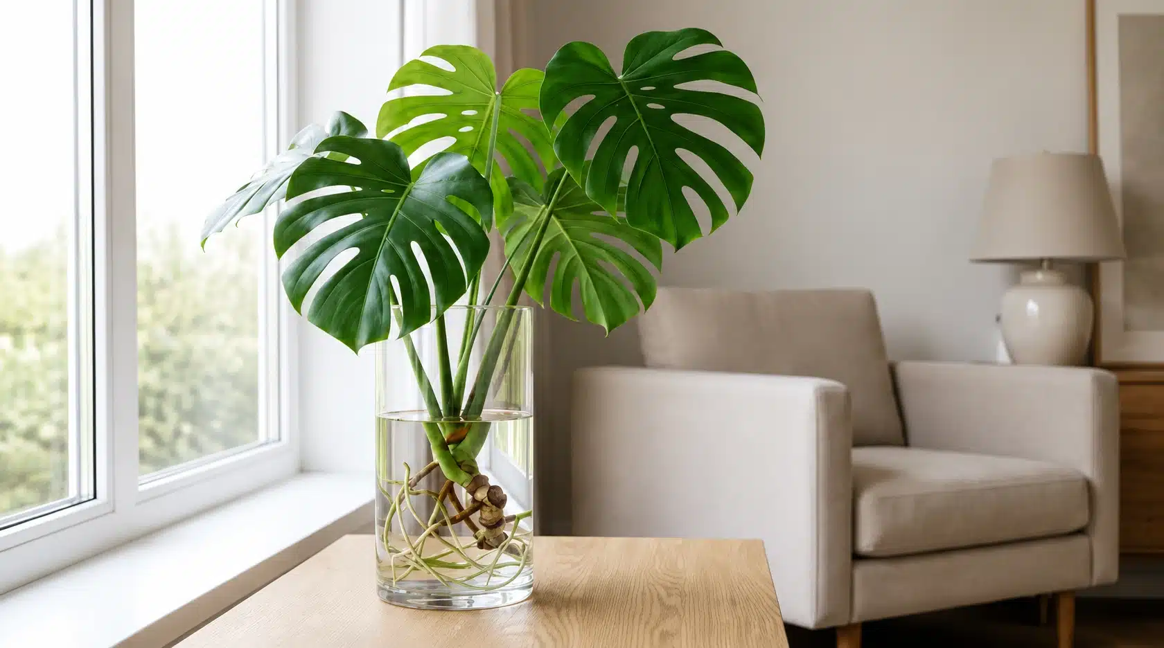 monstera deliciosa leaves growing from a clear glass vase beside a sunlit living room window