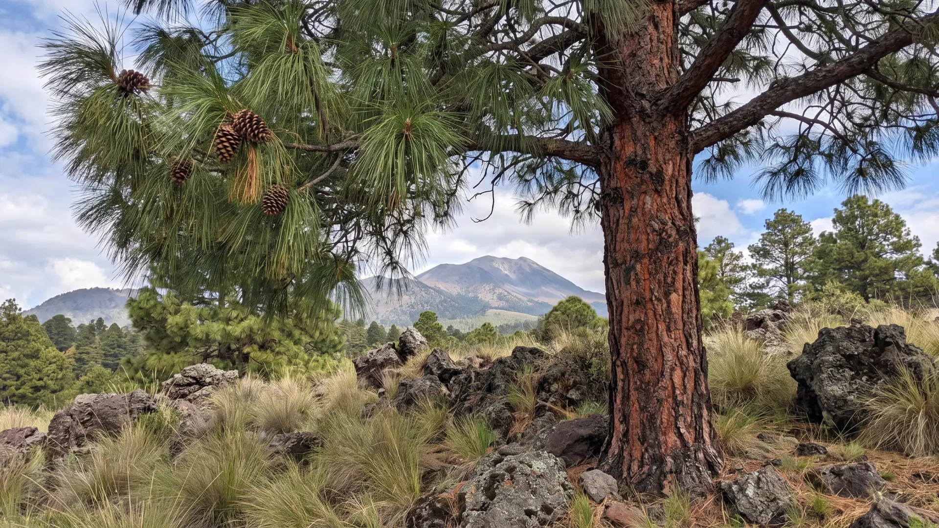 montezuma pine with long drooping needles reddish bark and a rounded crown across mexican mountains