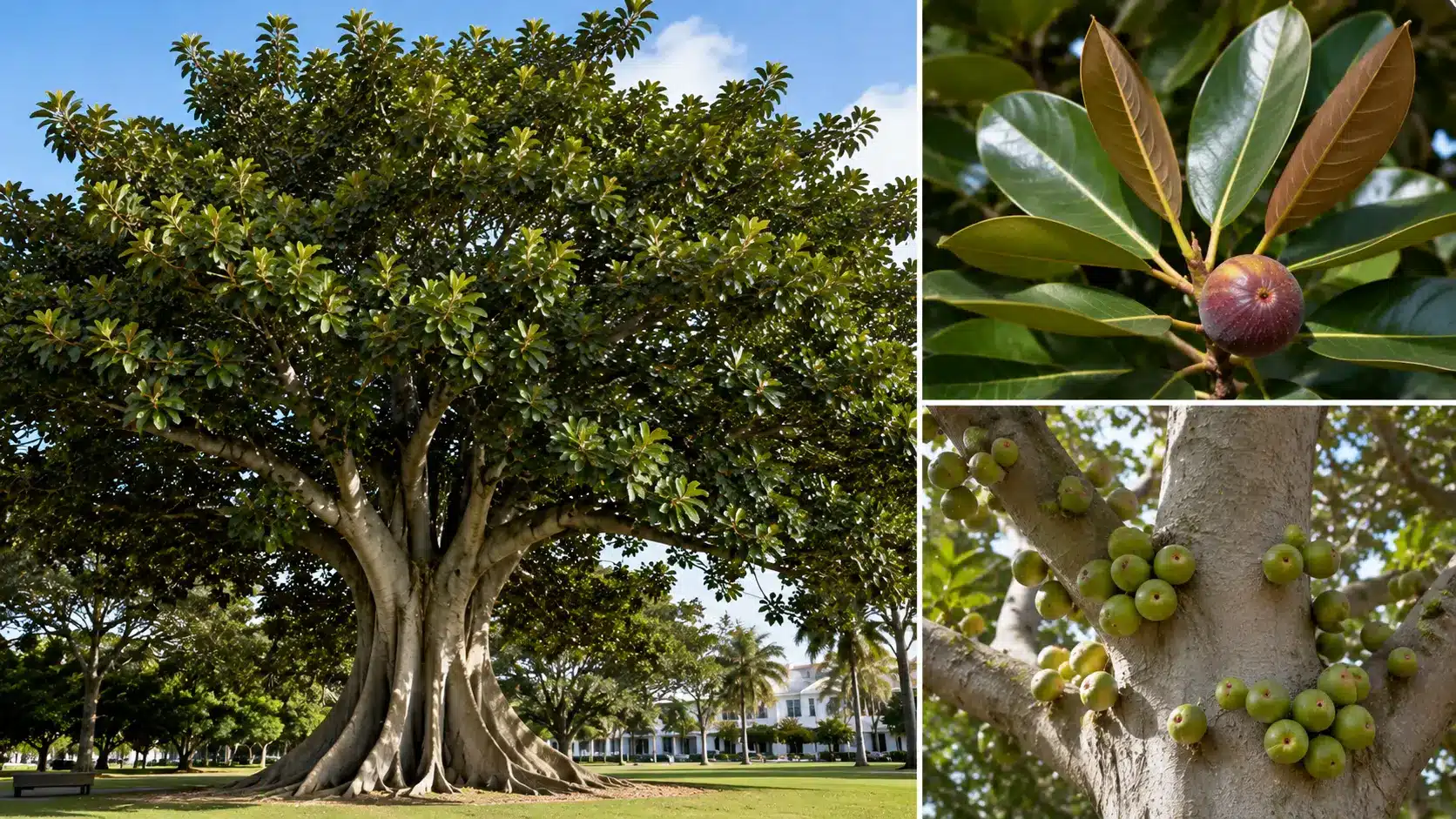 moreton bay fig with huge buttress roots broad canopy and small figs growing along thick branches