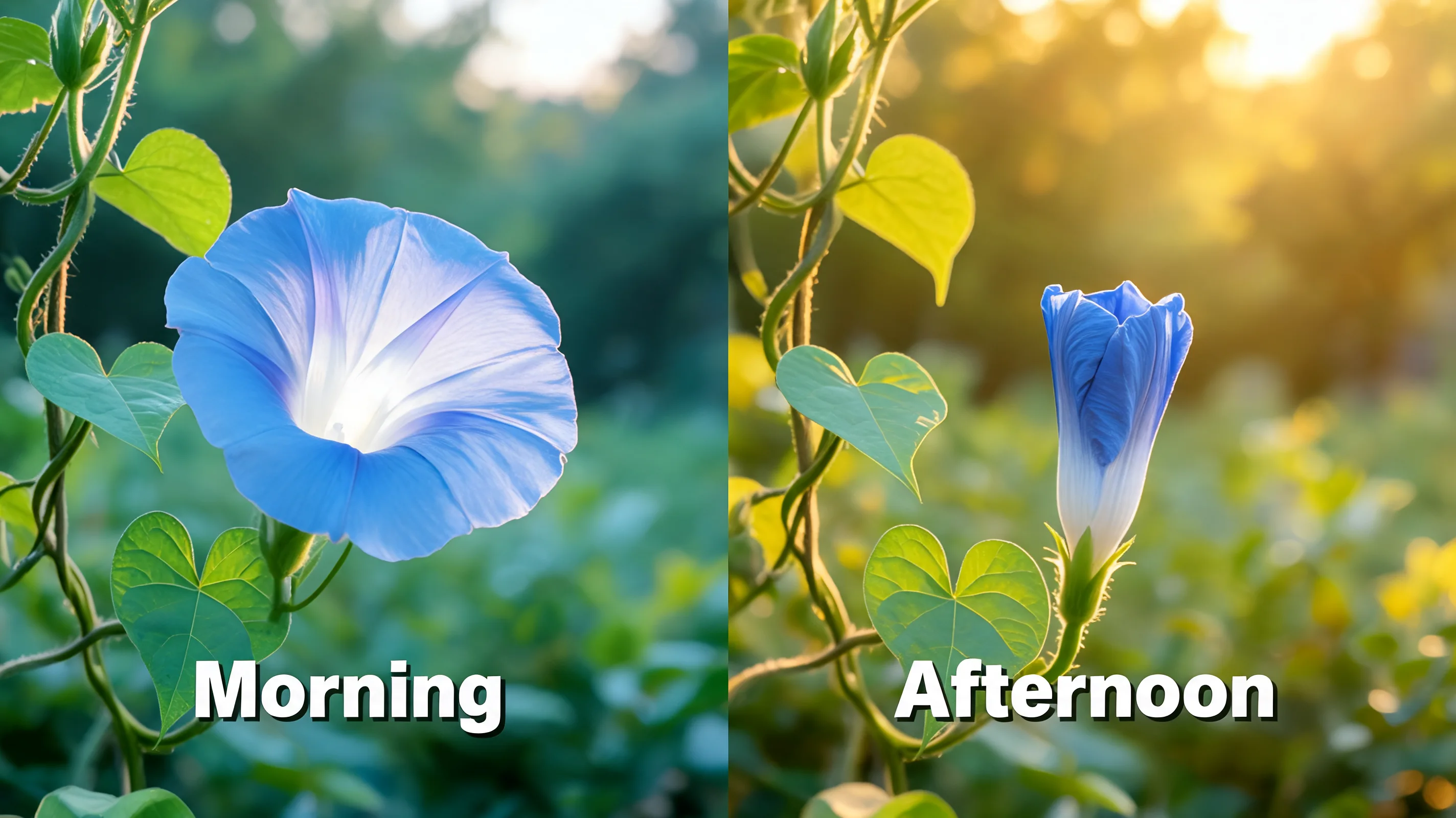 morning glory flower open in the morning and closed in the afternoon on the same green vine