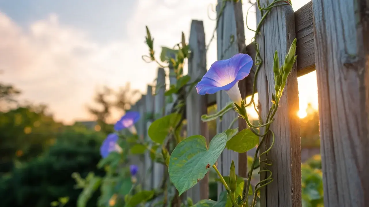 morning glory vine with blue violet funnel-shaped flowers and heart-shaped leaves climbing a garden fence