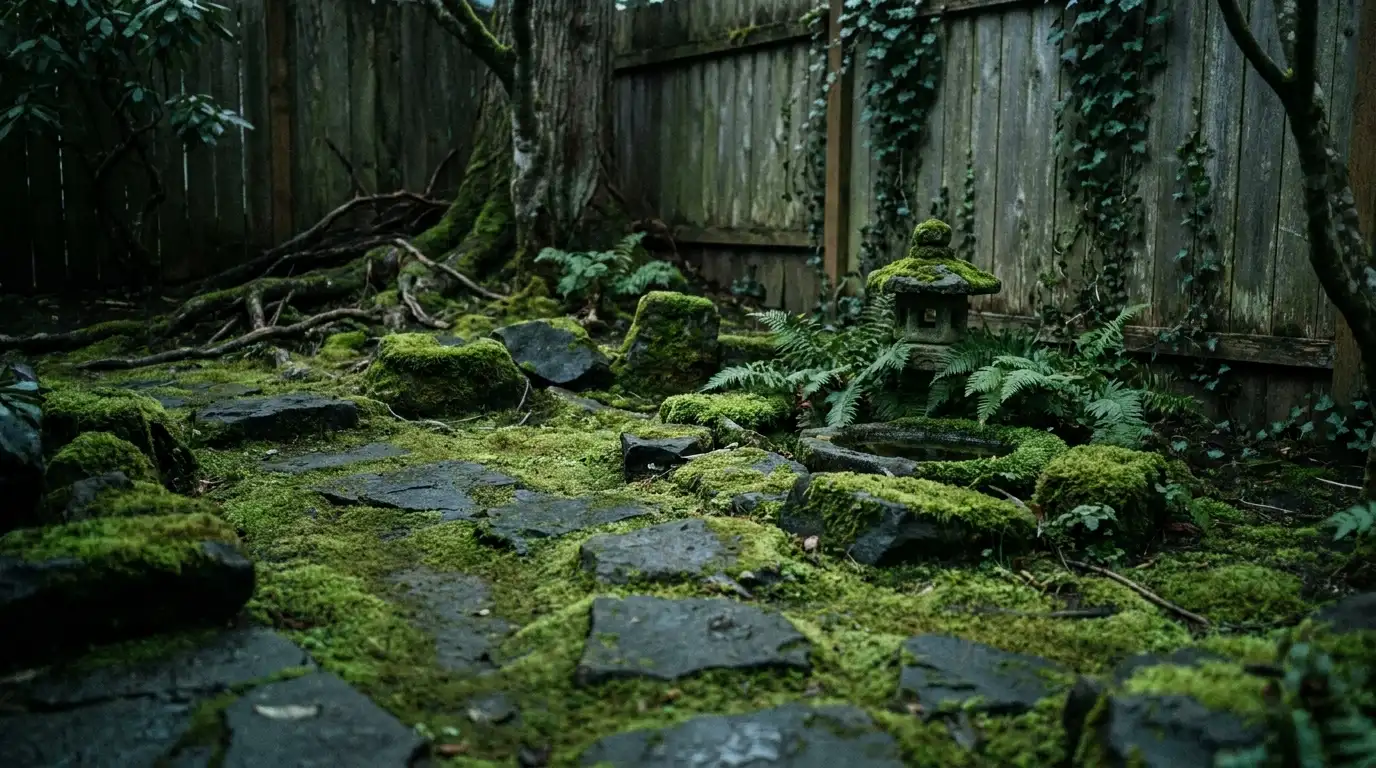 moss and stone zen garden ideas with shaded greenery, natural rocks, and a peaceful backyard corne