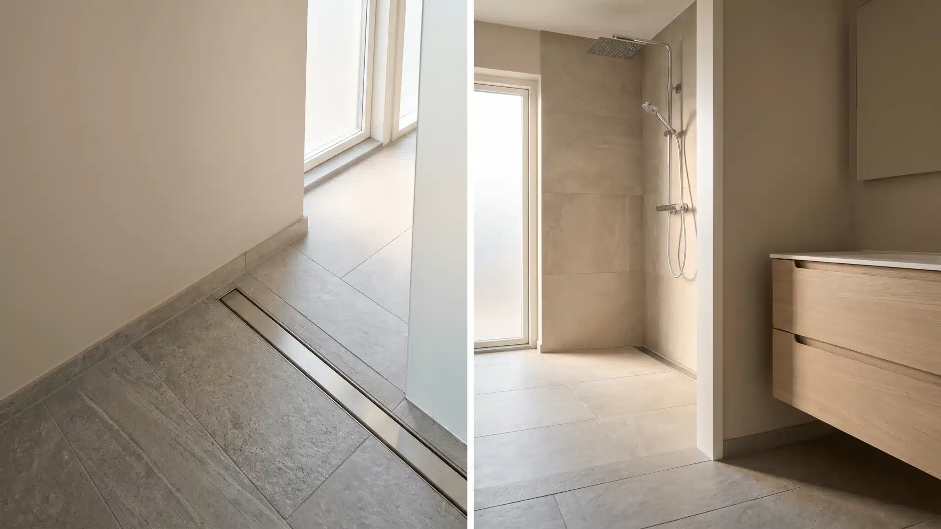 doorless shower with linear drain placed along the side wall