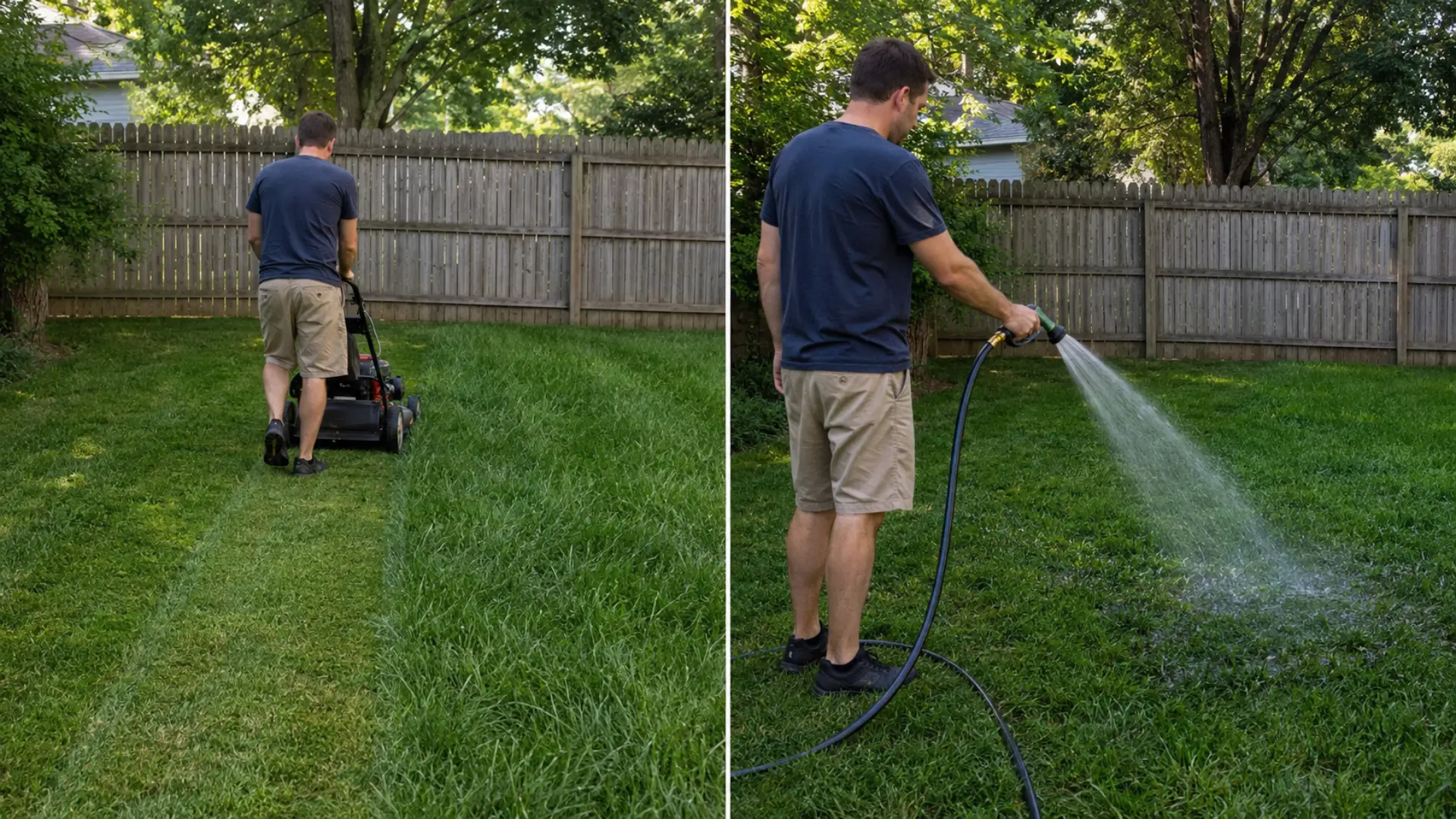 gardener mowing and gently watering a healthy lawn in a sunny suburban backyard